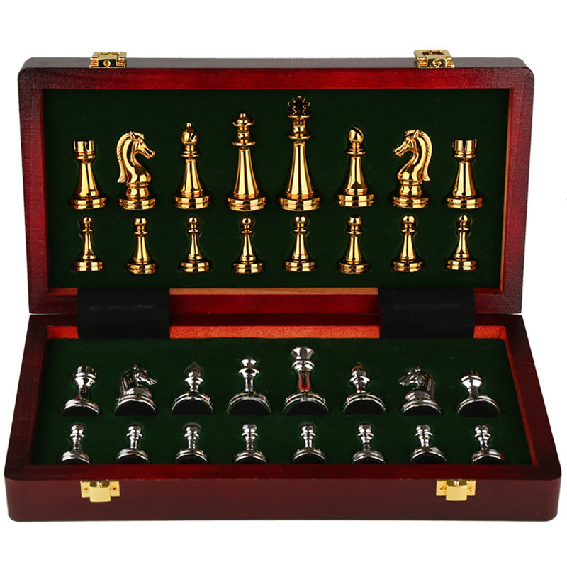High-end Chess Gift Box with Metal Pieces and Wooden Chessboard Retro European-style Decor