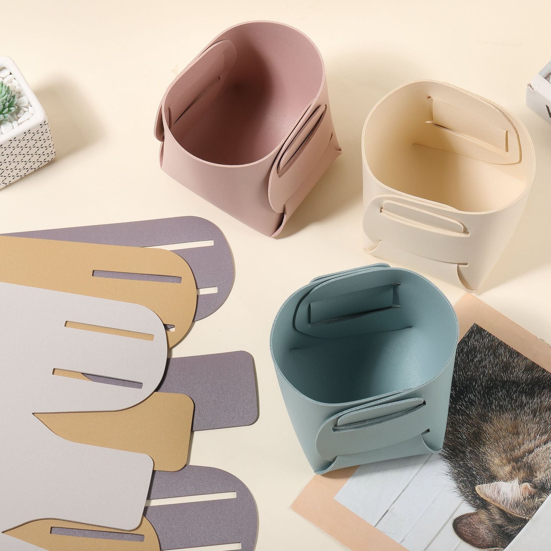 Foldable PU Faux Leather Desktop Cosmetic Remote Control Storage Box Pen Holder