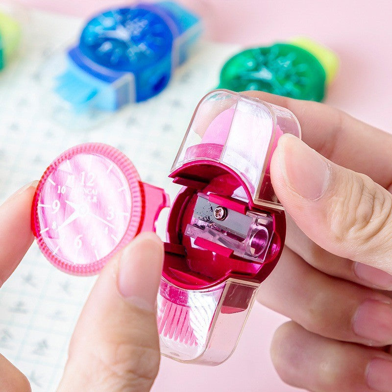 Children's Creative Watch-Shaped Pencil Sharpener with Eraser and Cleaning Brush 3-in-1 Multifunctional Pencil Sharpener