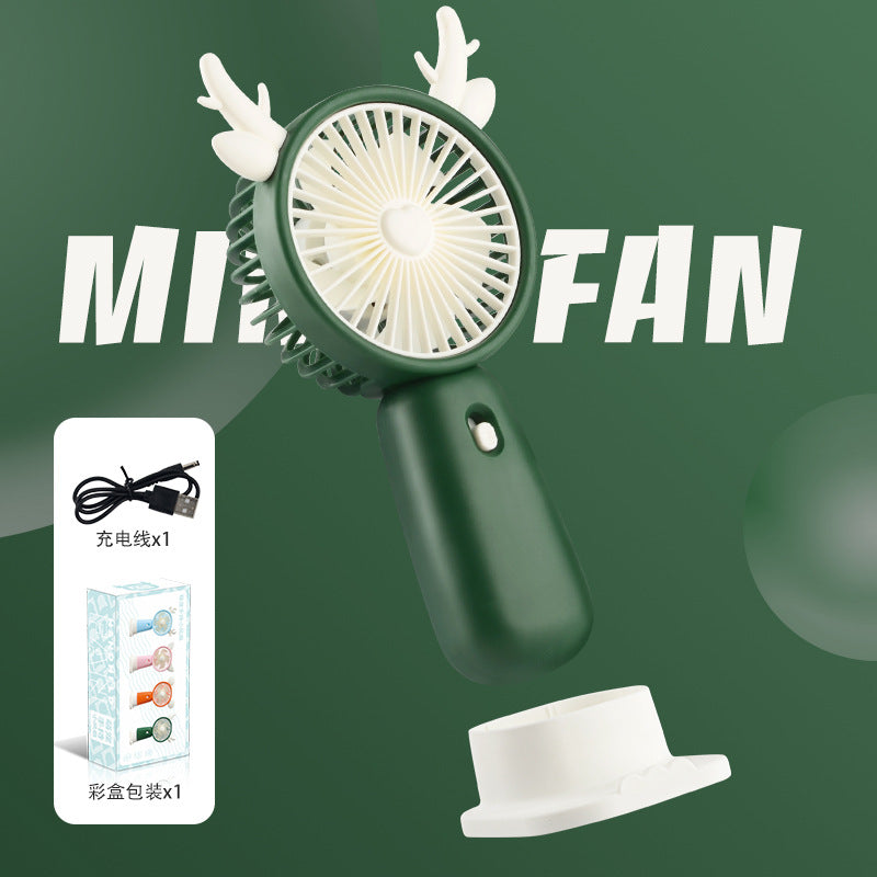 Portable Handheld Mini Fan with Cute Antler Design - USB Rechargeable Pocket Fan with Desktop Base for Office, Travel & Outdoor Cooling
