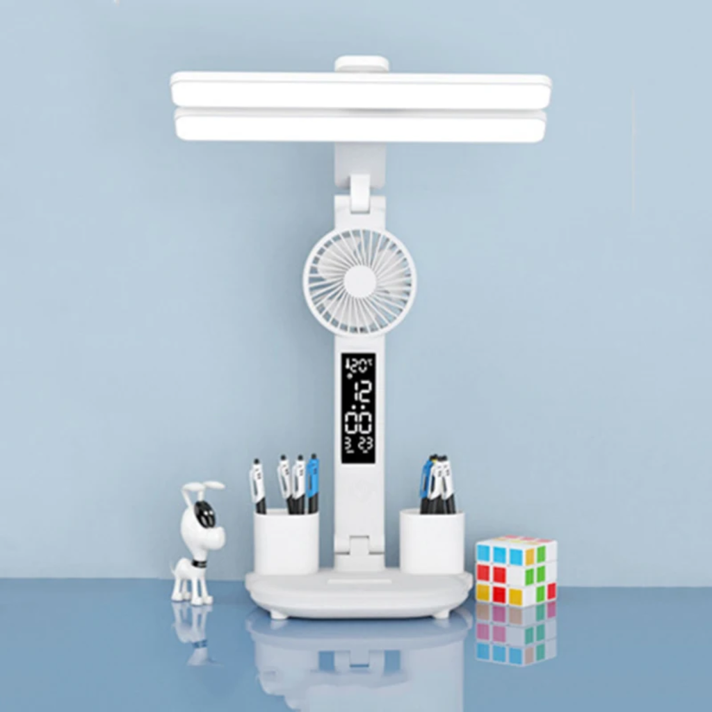 3 in 1 LED Desk Lamp with Fan & Clock | Foldable Study Light with Pen Holder