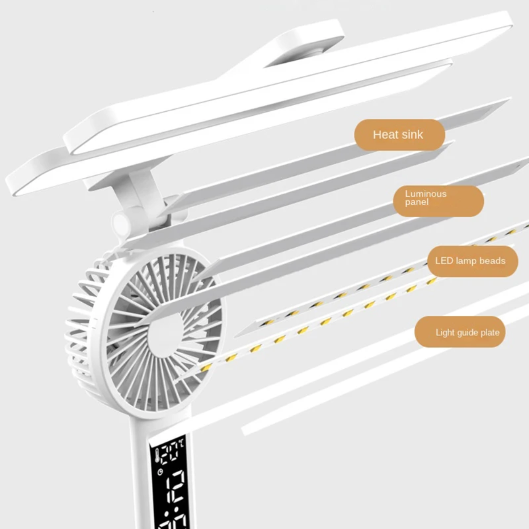 3 in 1 LED Desk Lamp with Fan & Clock | Foldable Study Light with Pen Holder