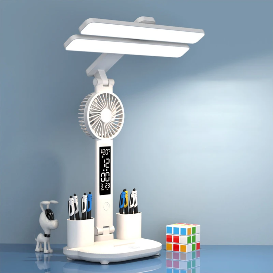 3 in 1 LED Desk Lamp with Fan & Clock | Foldable Study Light with Pen Holder